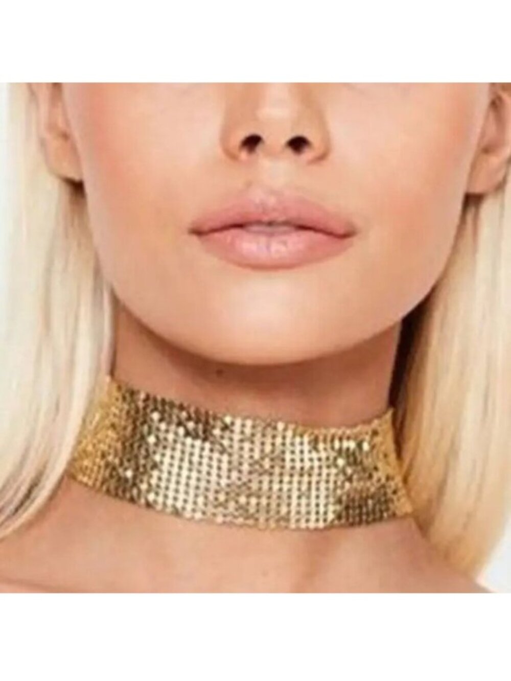 Choker Necklace Metallic Mesh Gold Adjustable Bold Glam Trendy Hollywood Disco